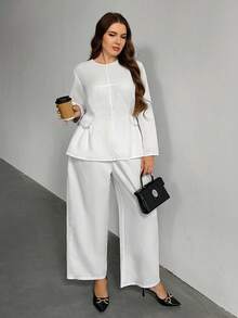 Firerie Plus Size Casual Solid Color Long Sleeve Top And Pants 2 Pieces Set, Suitable For Commuting, Autumn - White - View 7