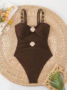 Swim Chiccia Đồ bơi một mảnh hở lưng trang trí kim loại màu trơn mùa hè cho nữ, kỳ nghỉ ở bãi biển - Cà phê nâu - Xem 3