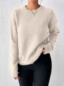 EMERY ROSE Women's Casual Loose Fit Drop Shoulder Crew Neck Long Sleeve Solid Color Sweater, Autumn - Khaki - View 5