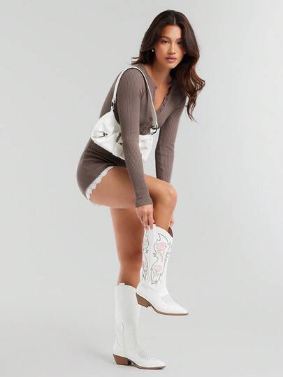 Solezae Women's Glamorous Point Toe Cap Chunky Heel Floral Embroidery Mid-Calf Western Cowgirl Boots