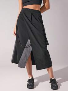 Menodora SHEIN Sport Asymmetric Patchwork Multi-Pocket Slit Drawstring Design Skirt - Black - View 2