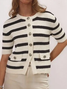 Women's Contrast Stripe Knit Cardigan - Apricot - View 6