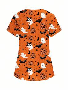 PopScrub 万圣节V领短袖双口袋南瓜、鬼魂、女巫、蜘蛛、蝙蝠、南瓜灯、可爱鬼魂印花护士/医生制服上衣 - 橘色 - 查看 2
