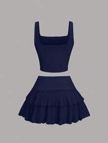 Sweetra Modny damski komplet z koronkową falbaną na ramiączkach i spódniczką w kształcie tortu, uniwersalny do noszenia na co dzień i na wakacje, wiosna/lato - Granatowy - Zobacz 2