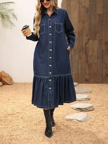 EMERY ROSE 女式休闲前扣牛仔连衣裙，秋季 - 藍色 - 查看 7