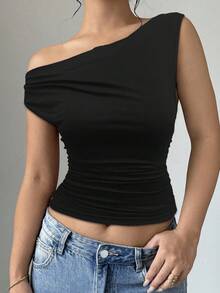 SHEIN Unity Top Corto Para Mujer Con Cuello Asimétrico - Negro - Ver 7