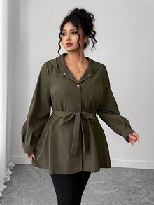 SHEIN Elenzya Plus Size Elegant Solid Color Hooded Jacket With Belt Winter Fall Autumn