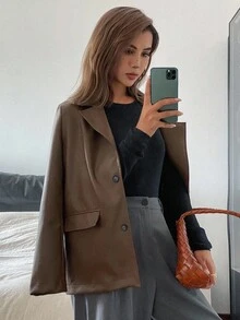 DAZY Women's Loose Casual PU Blazer Jacket, Autumn Buisness Attire