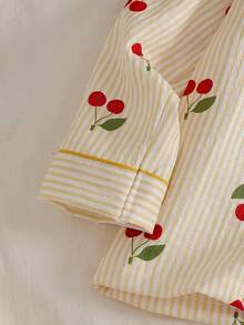 Girls Bubble Chiffon Yellow Striped Cherry Blossom Open Front Long Sleeve Top + Loose Yellow Striped Cherry Blossom Bubble Chiffon Pants, Comfortable Fall Winter