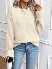 EMERY ROSE Women's Casual Loose Fit Drop Shoulder Long Sleeve Crew Neck Sweater - Apricot - View 6