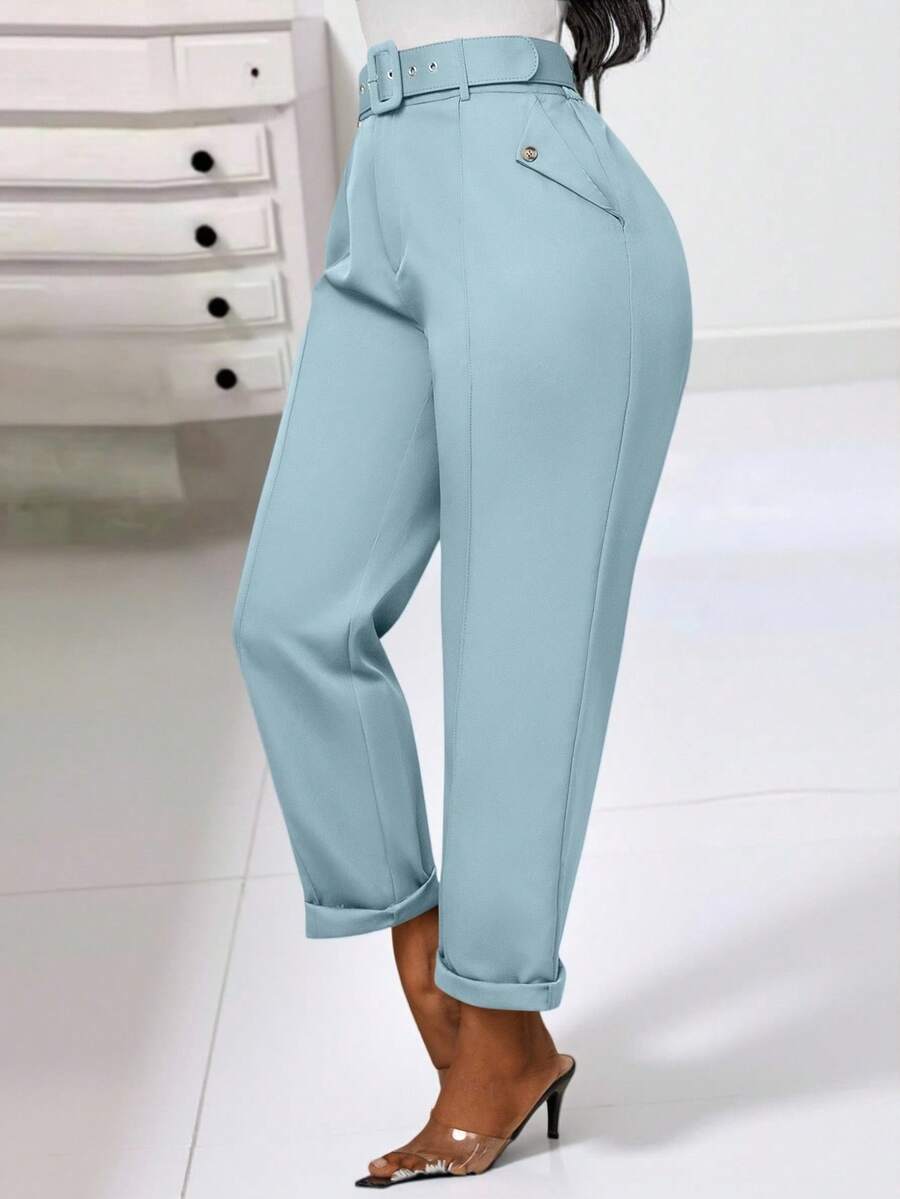 Zolique Women Autumn Waist Belt Design Casual Slim Pants Fall Cloth For Women - Baby Blue - View 1