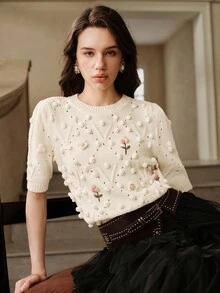 Savoree Women's Pullover Sweater, Autumn/Winter, Sweet & Youthful Oversized Knit Sweater With 3D Fruit Pattern Design, Fashionable & Comfortable - Apricot - View 7