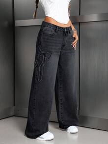 EURMUSE 女式口袋蝴蝶刺绣水洗直筒牛仔裤 - 淺灰色 - 查看 2