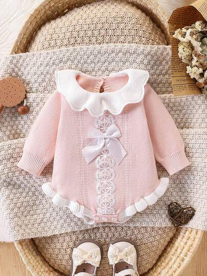 SHEIN Stickad tröja med spetsdetaljer för babyflickor, långärmad body, söt rosettdekoration, mångsidig för vardagsbruk, lämplig för höst/vinter