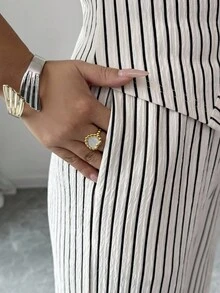 Selianne Elenzga Women's Fashionable Solid Color Textured 2-Piece Set, Including Sleeveless Crew Neck Button Fitted Tank Top And High Waist Loose Straight Leg Pants, Elegant Commuter Style - Apricot - View 7