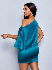 SOLERSUN Women's Elegant Asymmetric Collar Satin Bodycon Mini Dress For Women - Teal Blue - View 2