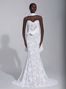 Elitara Elegant Luxurious Off-Shoulder Detachable Sheer Sleeve Satin & Lace Mermaid Maxi Dress With Trailing Train, Suitable For Weddings, Events, Parties, Honeymoon - Beige - View 7