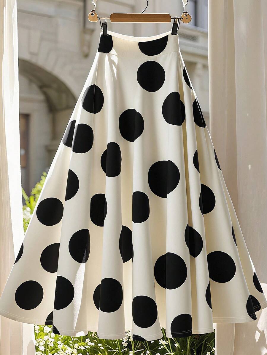Franclia 女士优雅波尔卡圆点印花长裙，夏季 - 黑與白 - 查看 1