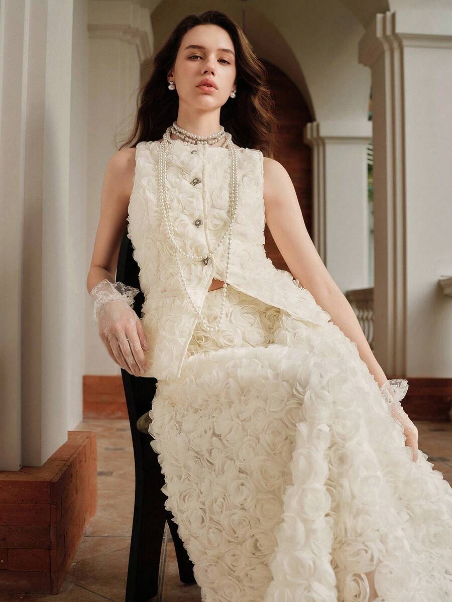 SHEIN Unity Bộ 2 món: Áo khoác cardigan không tay họa tiết hoa jacquard thanh lịch và chân váy - Màu be - Xem 1