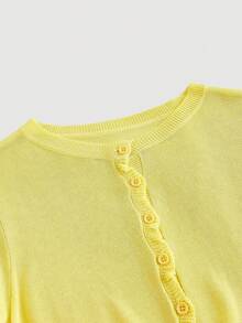 SHEIN MOD Women's Lemon Yellow Round Neck Cable Knitted Top,Chic Autumn Preppy School Cardigan,90s Fashion Office Wear,Fall/Winter Sweater,Halloween - Yellow - View 3