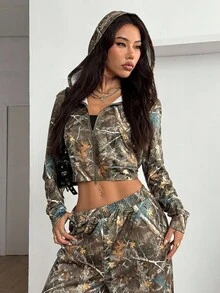 Coolane Bộ đồ dạo phố thu/đông cho nữ, áo hoodie có khóa kéo và quần ống đứng họa tiết cành cây, họa tiết rừng, đồ họa ngụy trang, đi chơi - Nhiều màu - Xem 4