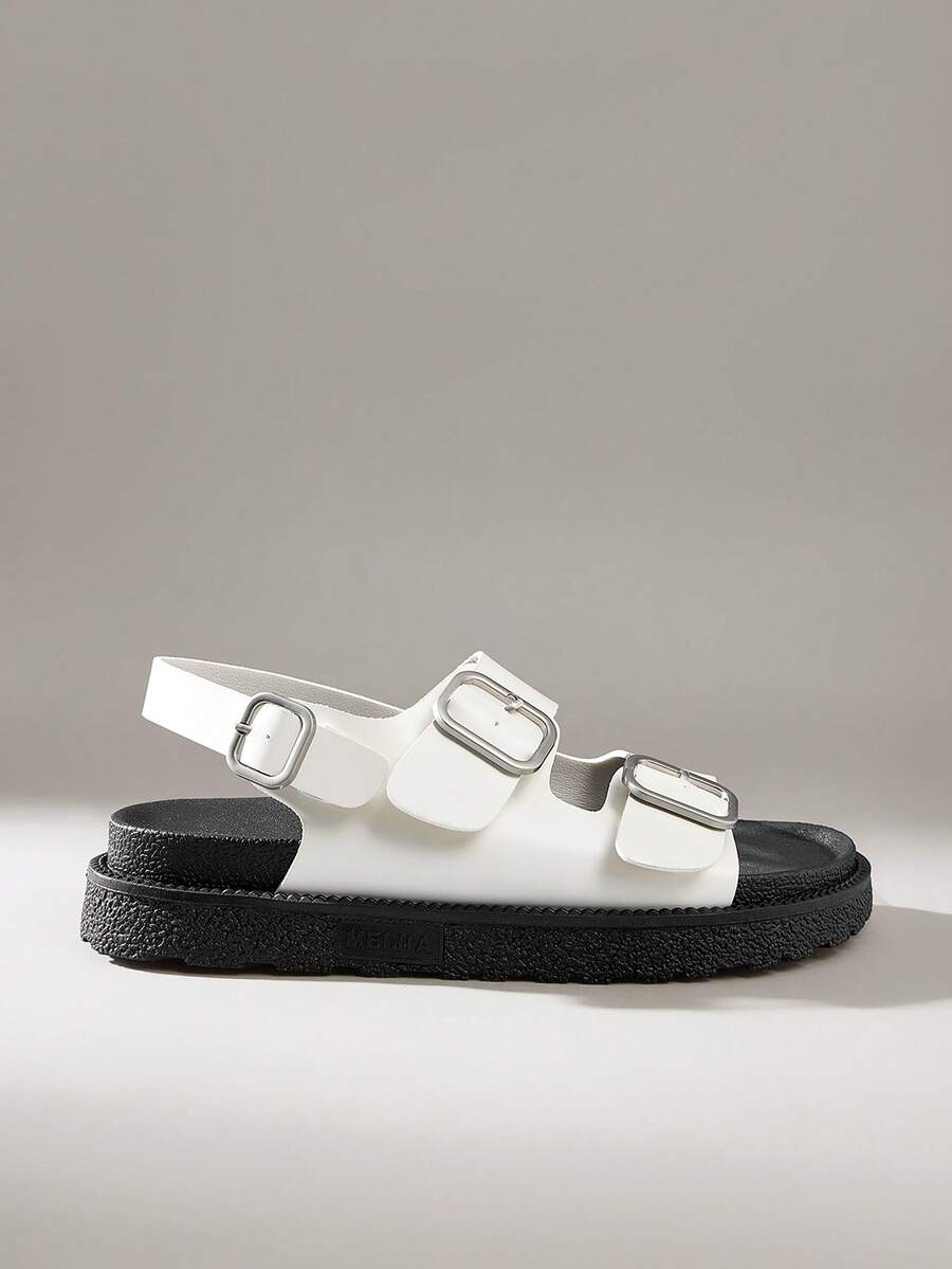 Solecia Women's Summer Outdoor New Metal Buckle Sandals, Strap Open Toe Thick Sole Anti-Slip Retro Thick Bottom Versatile Beach Shoes, Flat - White - View 1