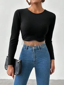 EURMUSE Fringe Hem Crop Tee - Black - View 5