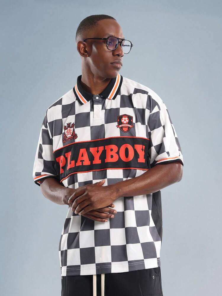 PLAYBOY X SUMWON Checkered Polo Jersey With Contrast Collar And Logo Print