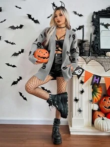 SHEIN Unity Women's Casual Pumpkin Pattern Drop Shoulder Long Sleeve Knit Cardigan, Autumn Halloween Cardigan Halloween Sweater Pumpkin Sweater - Grey - View 7