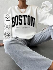 EURMUSE 100%Cotton Letter Graphic Drop Shoulder Sweatshirt - White - View 1