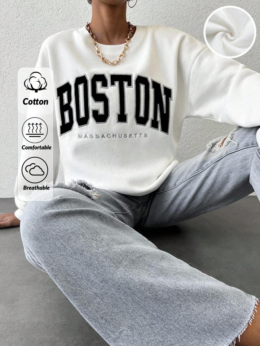 EURMUSE 100%Cotton Letter Graphic Drop Shoulder Sweatshirt - White - View 1