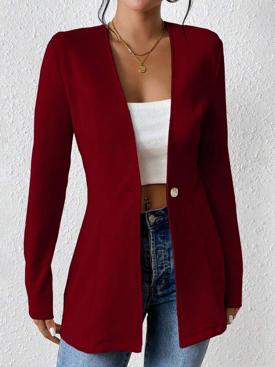 EMERY ROSE 女式休闲纹理无衬里无领轻质长袖西装外套 - 紅色 - 查看 1