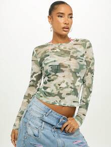 SUMWON WOMEN Áo thun tay dài lưới ngụy trang dáng ôm vừa vặn cho phong cách cuối tuần thường ngày - Nhiều màu - Xem 4