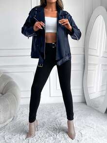 EURMUSE Women's Street Fashion Motorcycle PU Leather Zip-Up Jacket - Navy Blue - View 4