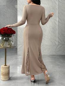 Feyla Asymmetric Asymmetrical Lace Patchwork Knit Off Shoulder Ruffle Long Sleeve Dress - Pink - View 6