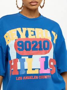 SUMWON WOMEN Áo thun oversized in họa tiết Beverly Hills Los Angeles County phong cách đường phố cổ điển 90210, dáng rộng, thoải mái, thời trang mùa hè, dáng suông, tuyên bố thời trang - Màu xanh hải quân - Xem 6