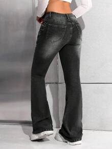 SHEIN 复古蓝色牛仔蝴蝶口袋紧身喇叭裤，适合少女 - 黑色 - 查看 2