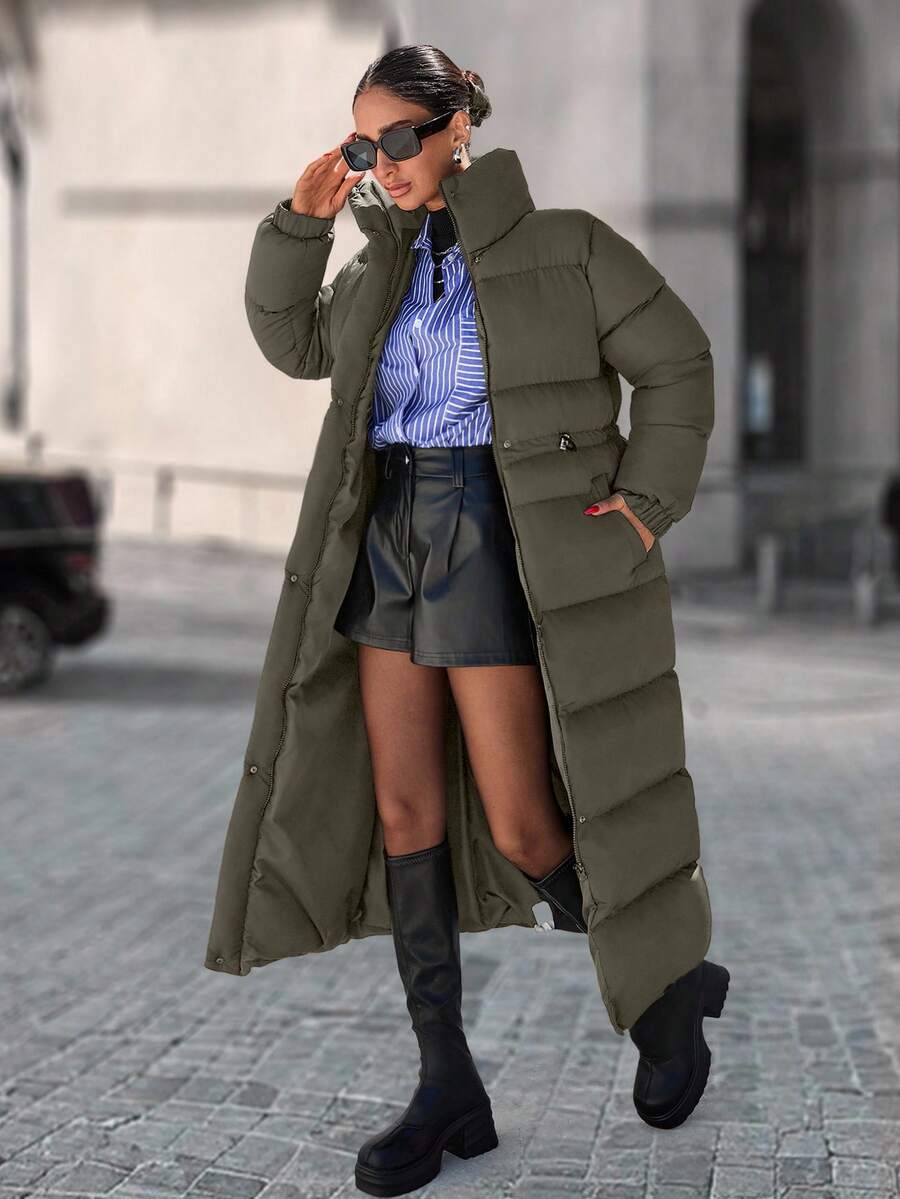 EURMUSE Zip Up Drawstring Waist Long Padded Coat - Army Green - View 1