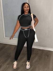 Slaydiva 2025 春夏新款休闲街头百搭运动基础修身绿色圆领短袖短款T恤和撞色腰裤女两件套，适合音乐节、复活节、西部游牧风格、乡村风格、婚礼嘉宾、日常旅行、毕业季、派对聚会、俱乐部、运动健身、瑜伽 - B - 黑色 - 查看 7