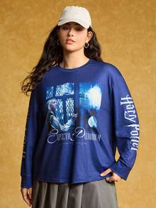HARRY POTTER X SHEIN Áo thun tay dài in chữ và phù thủy dáng rộng cỡ lớn dành cho nữ, Xuân/Thu - Nhiều màu - Xem 1