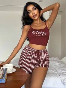 SHEIN Letter & Striped Print Tie Waist PJ Set / Pajama Set Holiday Season - Burgundy - View 5