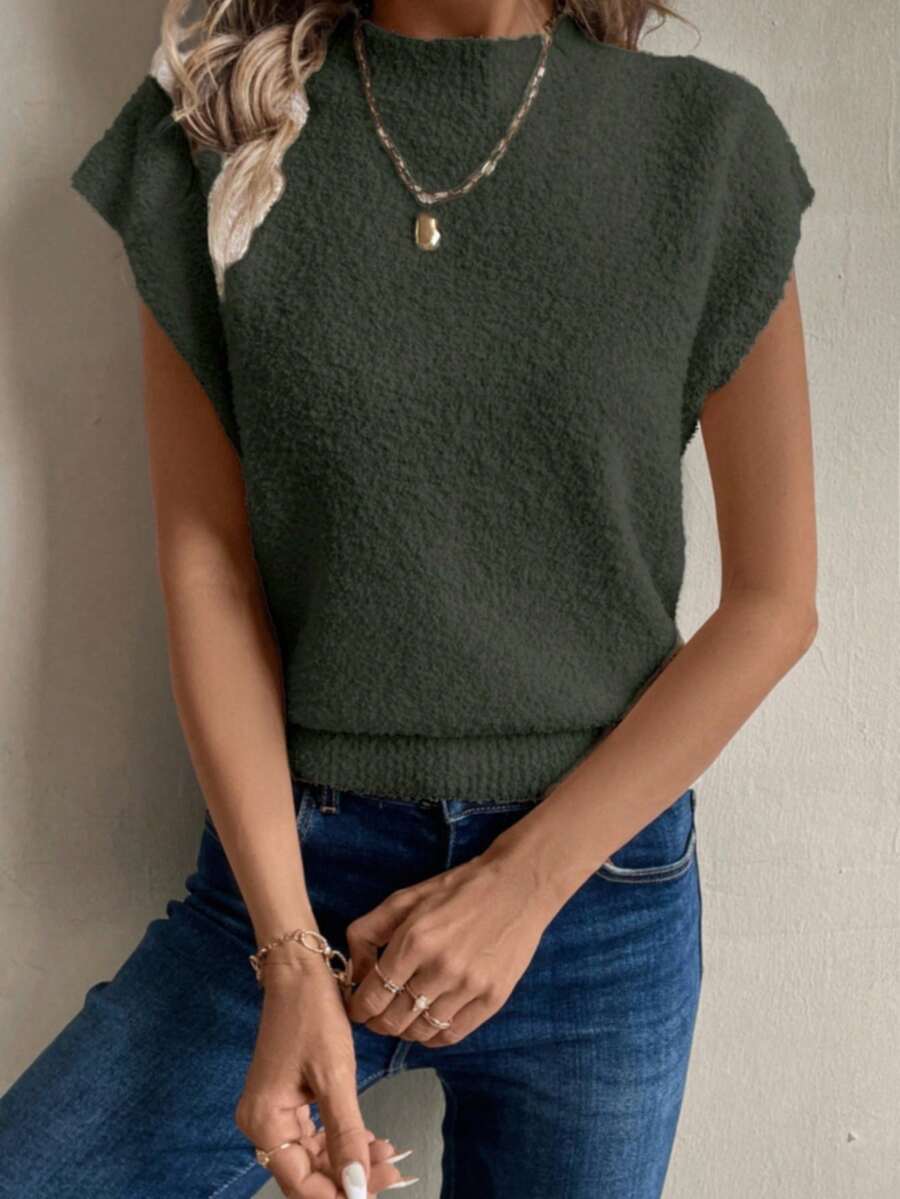 EMERY ROSE Autumn/Winter French Gentle Apricot Color Turtleneck Casual Asymmetric Fleece Sweater Vest, Suitable For Going Out And Attending Parties - Army Green - View 1