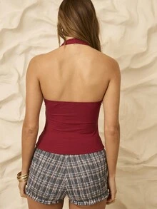Aralina Black Eyelet Halter-Neck Fitted Tank Top - Red - View 2