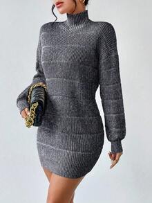 RosyDaze Vestido de manga larga con cuello alto texturizado para mujer - Blanco y Negro - Ver 4