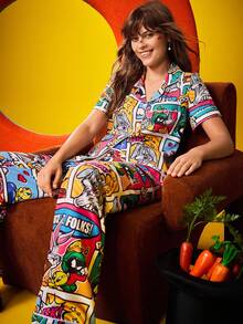 Chillnights X LOONEY TUNES 女士卡通图案翻领上衣和裤子睡衣套装 - 彩色 - 查看 4