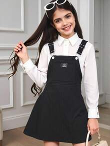 SHEIN Tween Girl Letter Patched Detail Overall Dress Without Tee - Black - View 10