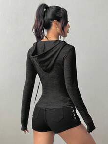 StreetHx 女士纯色半拉链休闲修身个性简约V领连帽运动衫，百搭