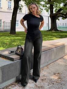 Jeta Ari Women's Casual Zip-Up Loose Wide Leg Denim Pants - Dark Grey - View 5