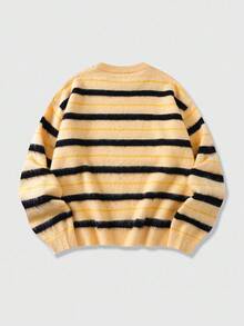 ROMWE MEN Casual Men's Striped Knit Sweater, Loose Cropped Fit, Fall Winter - Yellow - View 2