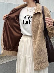 FRIFUL 女士杏色立领蓬松拼接撞色下摆宽松休闲百搭常规外套，适合秋季保暖内衬，冬季女式外套 - 駝色 - 查看 4